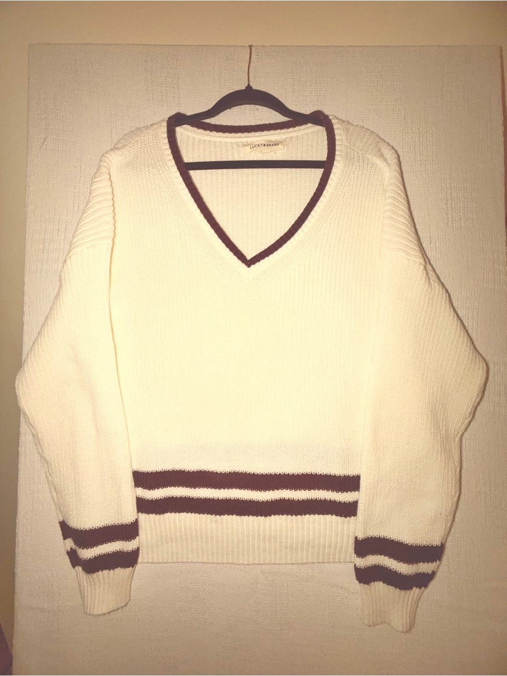 Lucky Brand Oversized V-Neck Sweater Ivory w/ Burgundy Trim -L